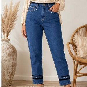 L.A.L.A. Women Blue Denim Rhinestone Velvet Trim High Rise Straight Leg Jeans